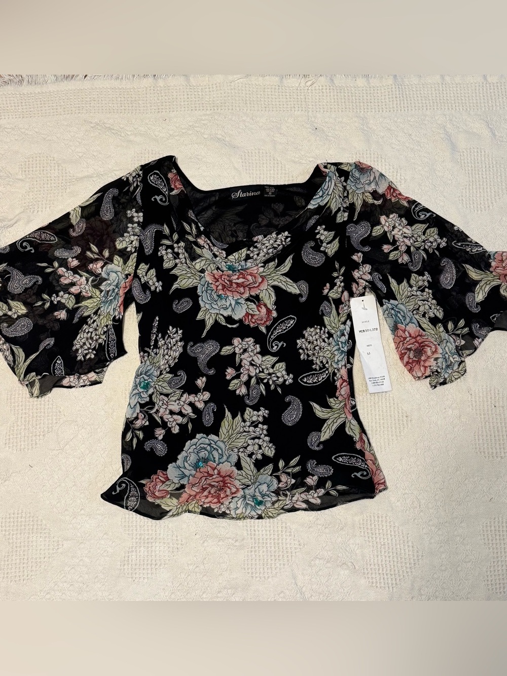 VTG Starina Sheer Mesh Floral Paisley Bell Sleeve Top M Whimsigoth Boho NWT